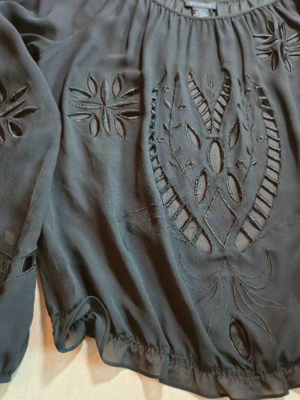 The Limited 100% Silk Black Embroidered Blouse Sheer with Cutouts size L Boho - Picture 4 of 16
